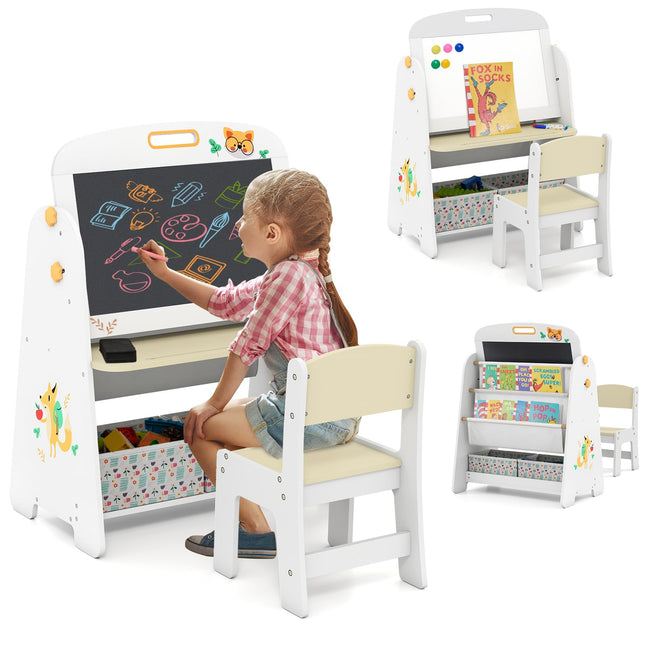 Costzon Wooden Art Table Set with Adjustable Double-Sided Magnetic Whiteboard & Blackboard