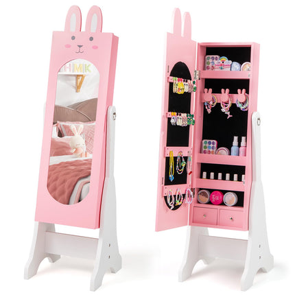 Costzon Kids Jewelry Armoire Cabinet, 45" Standing Jewelry Organizer with Full-Length Mirror