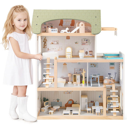 Costzon Wooden Dollhouse Kids DIY Pretend Playhouse