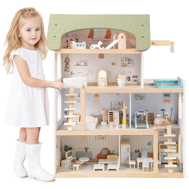 Costzon Wooden Dollhouse Kids DIY Pretend Playhouse