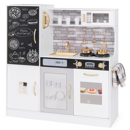 Costzon Play Kitchen for Kids, Wooden Toy Kitchen Set with Stoves, Microwave, Blackboard, Water Dispenser, Telephone