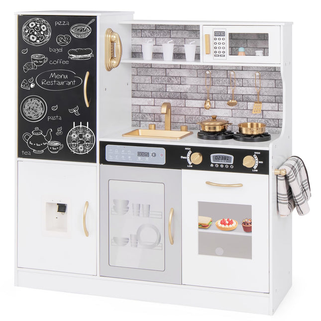 Costzon Play Kitchen for Kids, Wooden Toy Kitchen Set with Stoves, Microwave, Blackboard, Water Dispenser, Telephone