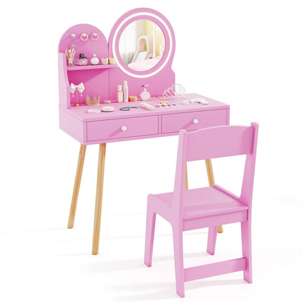 Costzon Kids Vanity, Girls Vanity Set with Mirror and Stool and Lights