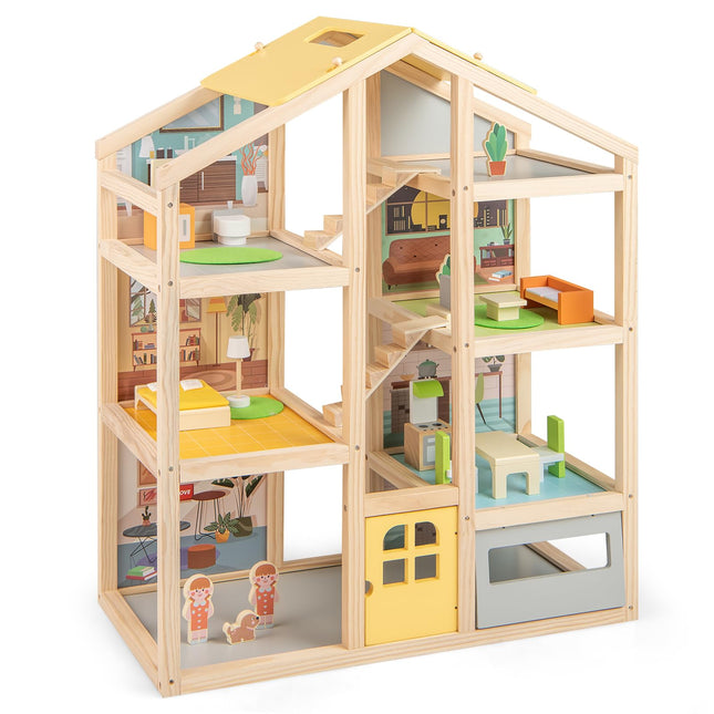 Costzon Wooden Dollhouse for Kids Modern Family Pretend Playhouse
