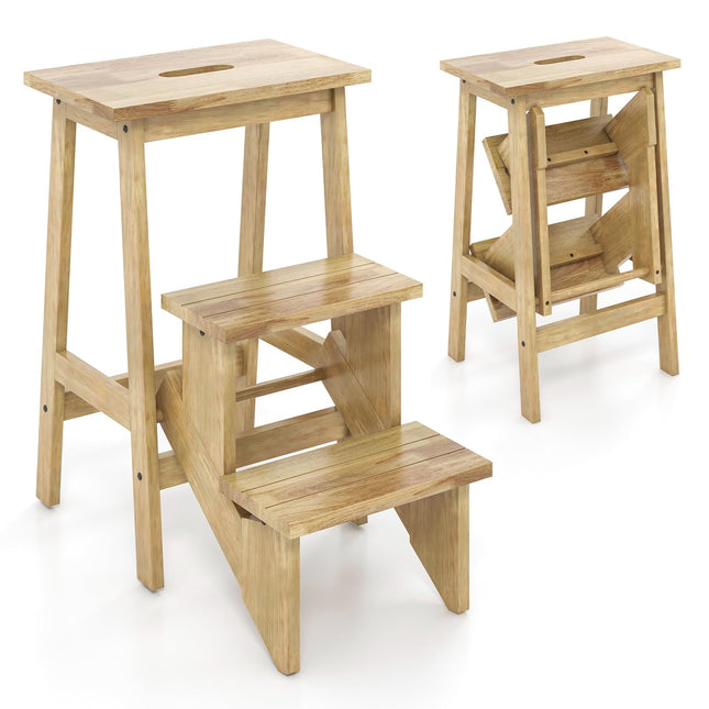 Costzon 3 Tier Folding Step Stool, 3-in-1 Wood Foot Stool Display Storage Shelf Flower Rack for Home