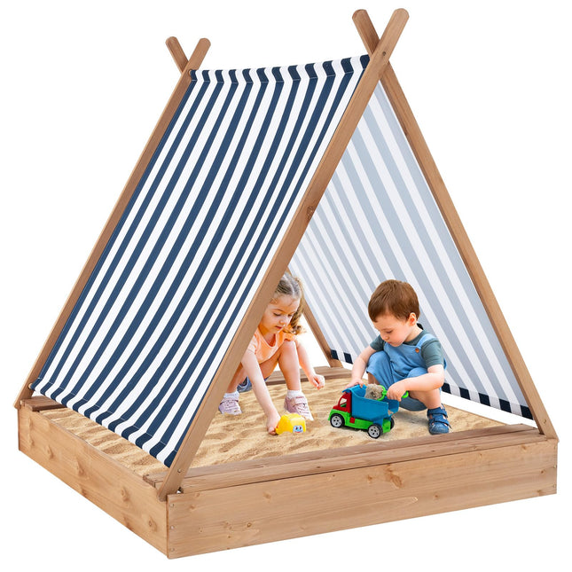 Costzon Kids Sandbox with Canopy, 49" x 48" Large Wooden Sand Box w/ 2 Bench Seats
