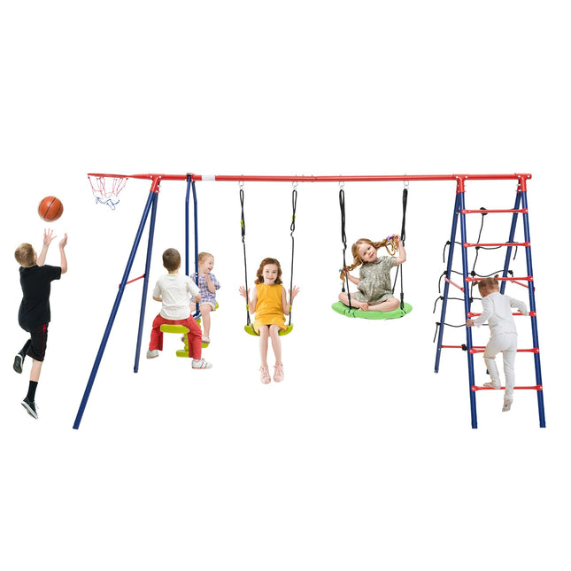 Costzon Swing Sets for Backyard, 6 in 1 Heavy-Duty Metal Swing Set with 2 Swings