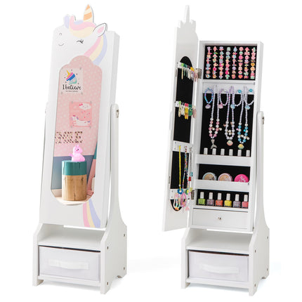 Costzon Kids Jewelry Armoire, 45.5" Standing Jewelry Cabinet with Full-Length Mirror