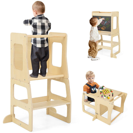 Costzon 3 in 1 Toddler Tower, Kids Kitchen Step Stool with Chalkboard, Foldable Kids Table and Chair Set