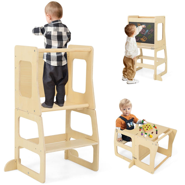 Costzon 3 in 1 Toddler Tower, Kids Kitchen Step Stool with Chalkboard, Foldable Kids Table and Chair Set