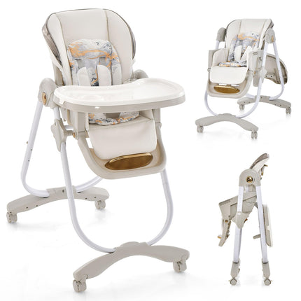 BABY JOY High Chair, Foldable Baby High Chair with Adjustable Height, Portable High Chair with Wheels