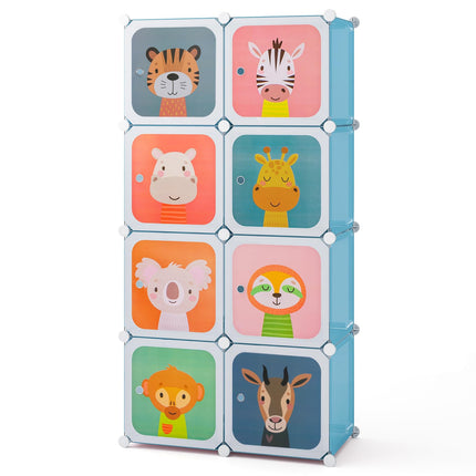 Costzon Kids Wardrobe Closet, Cartoon DIY Modular Dresser Storage Organizer with 8 Cubes & Clothes Hanging Section