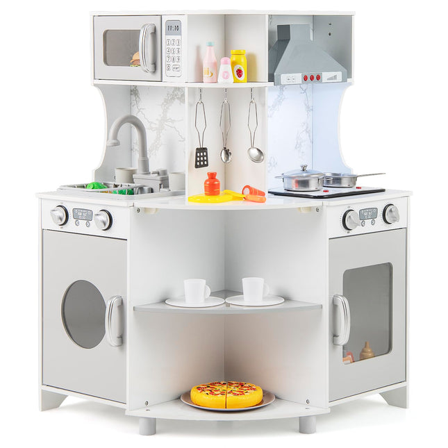Costzon Corner Play Kitchen, Wooden Kids Kitchen Playset with Water Circulation, Real Lights & Sounds