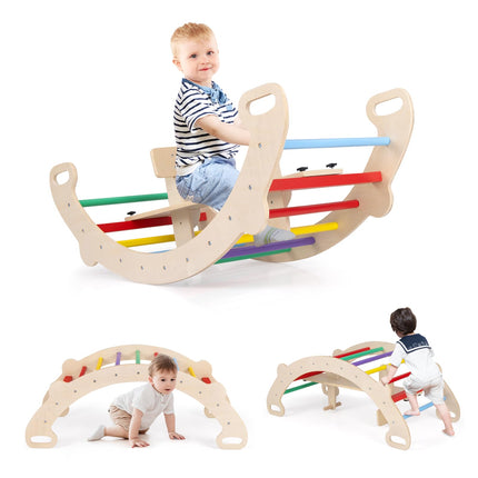 Costzon Wooden Rocking Toys for Toddlers, 4-in-1 Montessori Wooden Arch Climber Ladder Structure