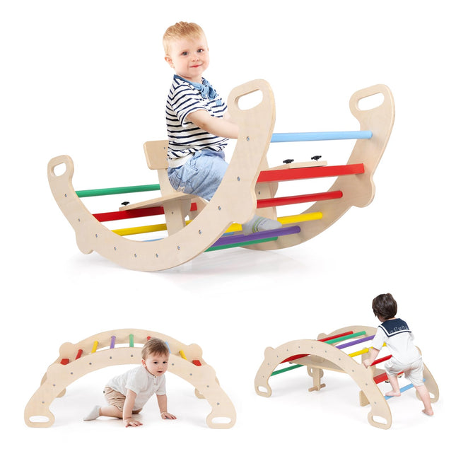 Costzon Wooden Rocking Toys for Toddlers, 4-in-1 Montessori Wooden Arch Climber Ladder Structure