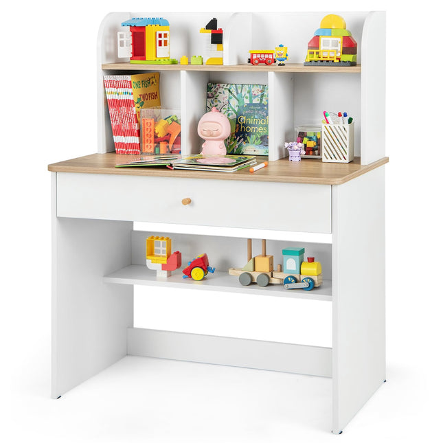 Costzon Kids Desk, Wooden Childrens Study Desk with Hutch, Drawer, Storage Shelf