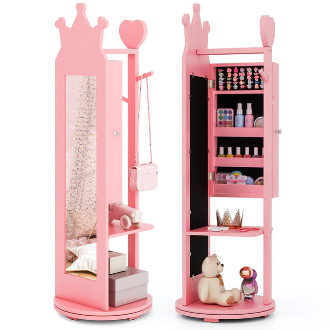 Costzon Kids Jewelry Armoire, 360° Swivel Jewelry Cabinet with Full Length Mirror & Garment Rack