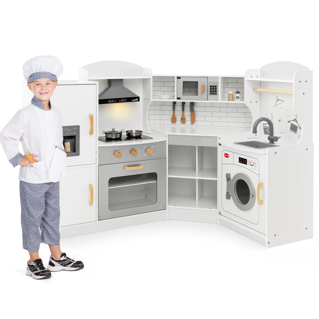 Costzon Kids Corner Kitchen Playset, Wooden Play Kitchen, Little Chef Pretend Cooking Toy Set