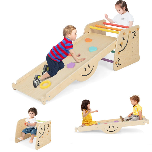 Costzon Climbing Toys for Toddlers, 6 in 1 Montessori Wooden Climber Ladder with Reversible Ramp