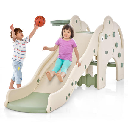 BABY JOY Toddler Slide, Elephant Shape Large Slide for Kids with Basketball Hoop, Buffer Zone & Non-Slip Steps