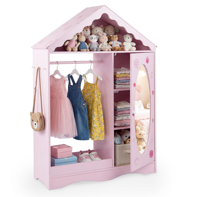 Costzon Kids Dress Up Storage with Mirror Roofed Wardrobe Closet