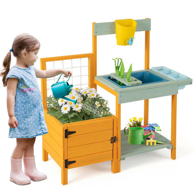 Costzon Mud Kitchen, Kids Potting Bench with Garden Bed & See-Through Window, Treills, Kids Kitchen Playset