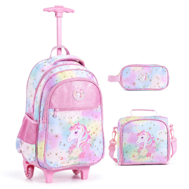 Baby Joy 3 Pieces Rolling Backpack for Kids | Wheeled Backpack with Lunch Box and Pencil Case
