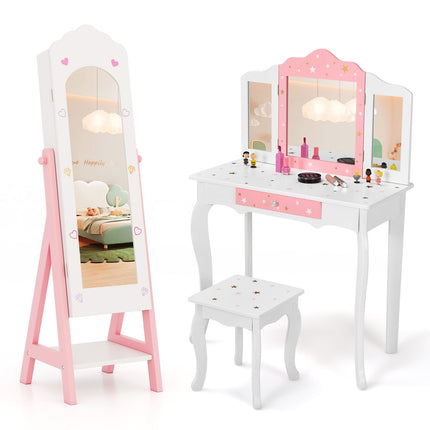 Costzon Kids Vanity & Jewelry Armoire Cabinet, Kids Makeup Vanity Table and Chair Set