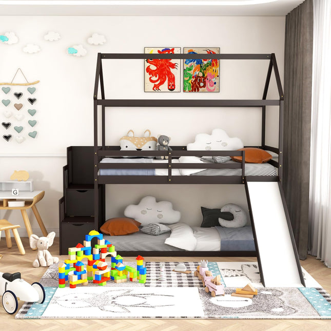 Costzon House Bunk Bed, Twin Over Twin Wood Kids Bed Frame with Slide & Storage Staircase