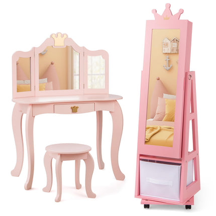 Costzon Kids Vanity & Jewelry Armoire Cabinet, Kids Vanity Table and Chair Set