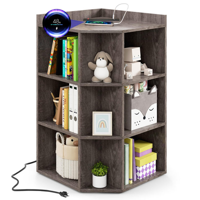 Costzon Kids Corner Toy Storage Organizer, 3-Tier Corner Cabinet w/USB Ports and Outlets, 9 Cubbies for Toys