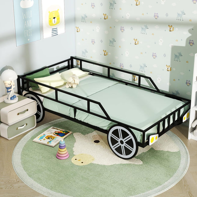 Costzon ar Shaped Metal Bed with Wheels Decorations