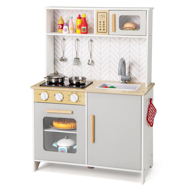 Costzon Kids Kitchen Playset, Wooden Pretend Play Kitchen with Lights and Sounds