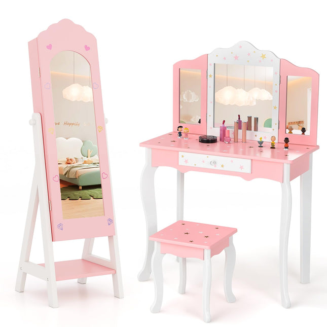 Costzon Kids Vanity & Jewelry Armoire Cabinet, Kids Makeup Vanity Table and Chair Set