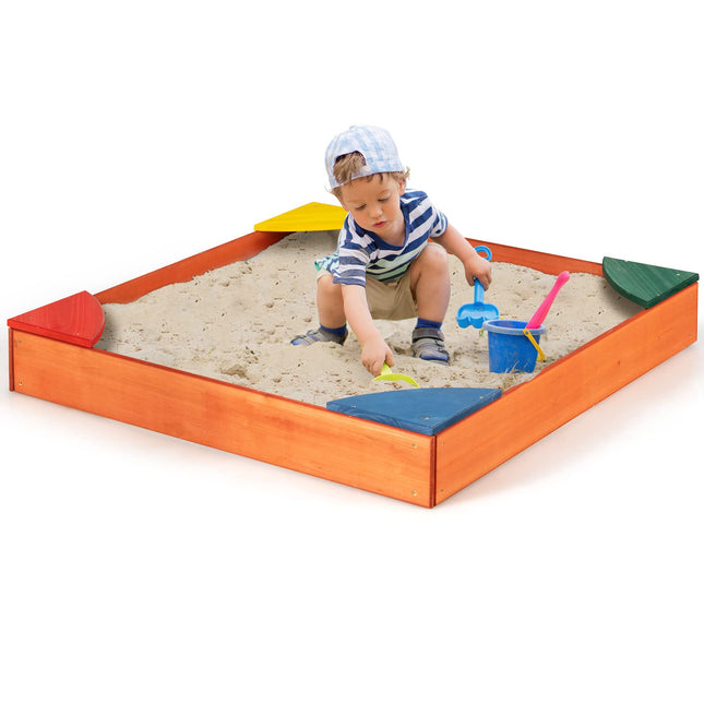 Costzon Kids Wooden Sandbox Wood Cedar Square Sand Box with 4 Colorful Built-in Corner Seating