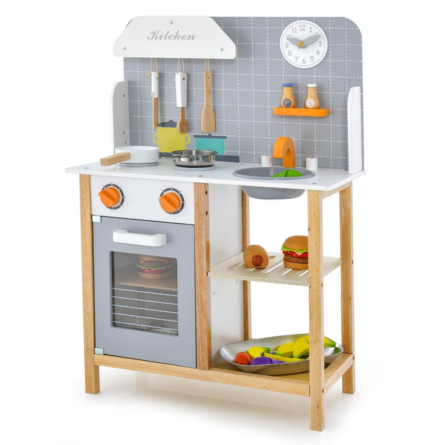 Costzon Kids Kitchen Playset, Wooden Pretend Little Chef Cooking Toy Set with Sink, Faucet, Stove