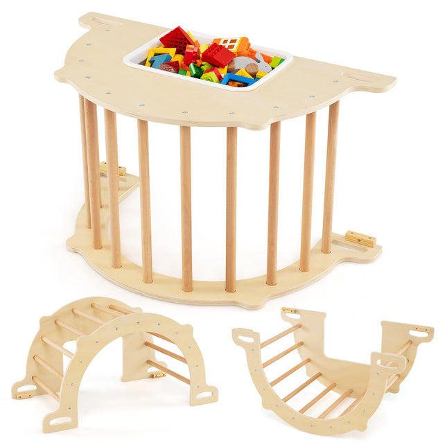 Costzon Wooden Arch Sensory Table 8 in 1 Montessori Climbing Gym with Collapsible Storage Bin