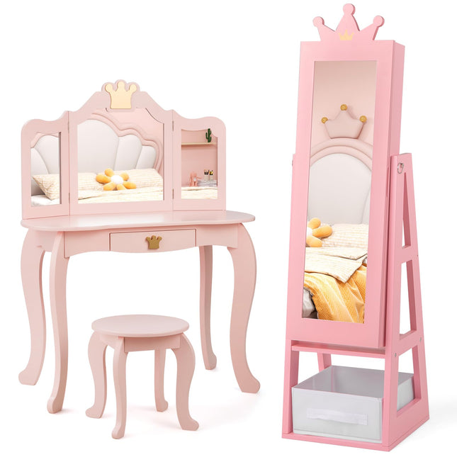 Costzon Kids Vanity & Jewelry Armoire Cabinet, Pretend Play Wooden Kids Vanity Table and Chair Set