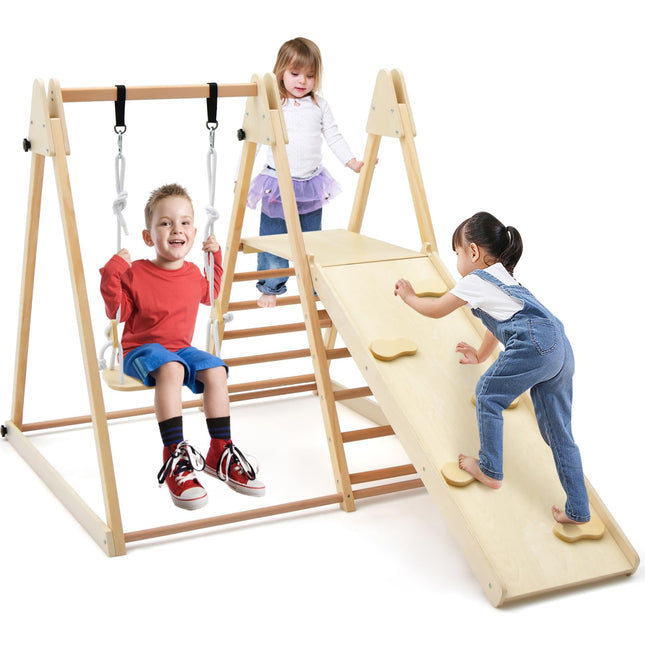 Costzon Indoor Jungle Gym, 5-in-1 Foldable Montessori Climbing Toys for Toddlers w/Double-Sided Slide, Indoor Wooden Playground Climber Playset