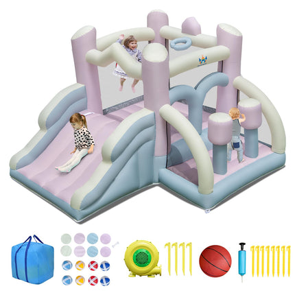 Inflatable Bounce House, White Pink Dream Cotton Bouncy House for Kids 5-12 Indoor Outdoor Backyard Fun w/Wide Slide
