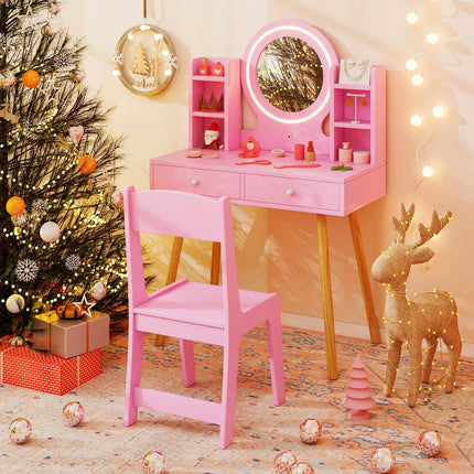 Costzon Kids Vanity, Girls Vanity Set with Mirror and Stool and Lights, Drawers, Storage Shelves