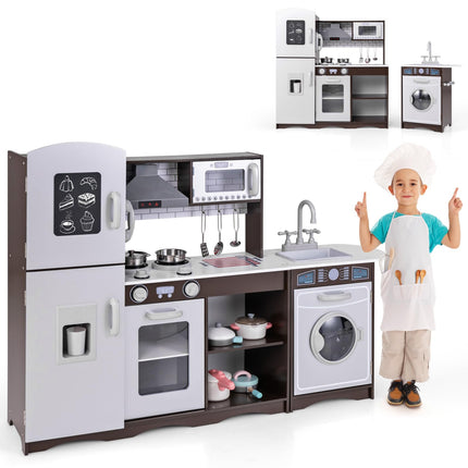 Costzon 2-Piece Play Kitchen for Kids, Wooden Toy Kitchen Set with Washing Machine, Kids Kitchen Playset with Sounds & Lights