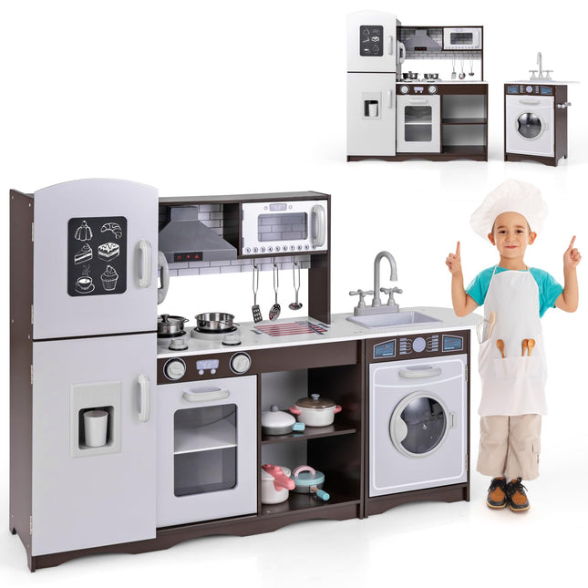 Costzon 2-Piece Play Kitchen for Kids, Wooden Toy Kitchen Set with Washing Machine, Kids Kitchen Playset with Sounds & Lights
