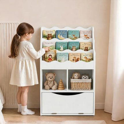 Costzon Kids 3-Tier Bookshelf with Cubes & Flip Down Cabinet