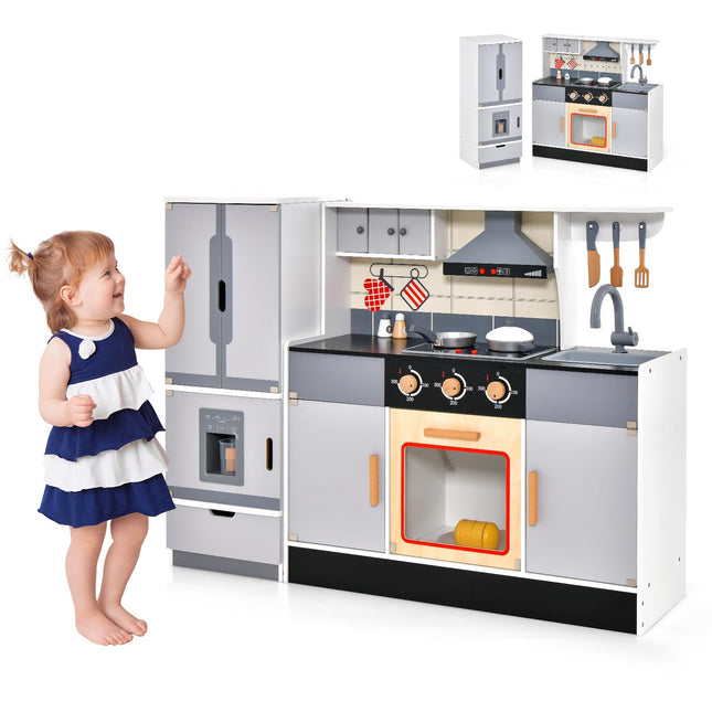 Costzon 2-Piece Play Kitchen, Wooden Toy Kitchen Set with Refrigerator