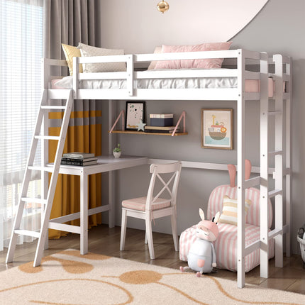 Costzon Loft Bed with Desk, Wooden Twin Size Loft Bed