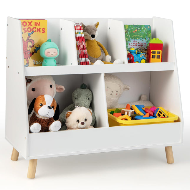 Costzon Toy Organizers and Storage with Bookshelf, 5 Cubbies Wooden Toy Cabinet and Montessori Bookcase w/Solid Legs