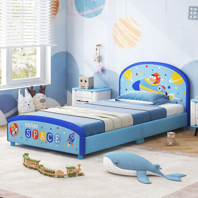 Costzon Twin Bed Frames for Kids, Wood Upholstered Twin Bed Platform with Slat Support, Fits Standard Twin Mattress