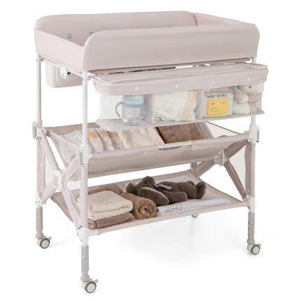 BABY JOY Portable Baby Changing Table, Foldable Waterproof Diaper Changing Station w/Wheels