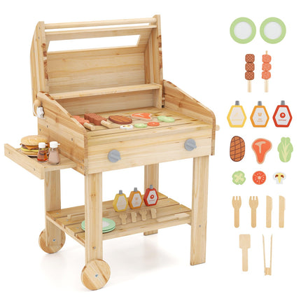 Costzon Kids Grill Playset with Wheels, Wooden Kids BBQ Grill Playset with Play Food（With Wheels）